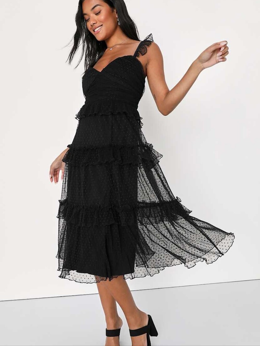Lulus Black Swiss Dot Tulle Tiered Ruffle Midi Dress Small Corset NWT Goth